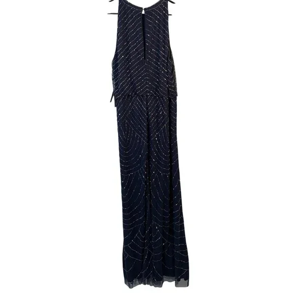 Adrianna Papell 18 Bead Halter Blousen Gown Navy Dress Art Deco Formal NwD - Picture 7 of 14